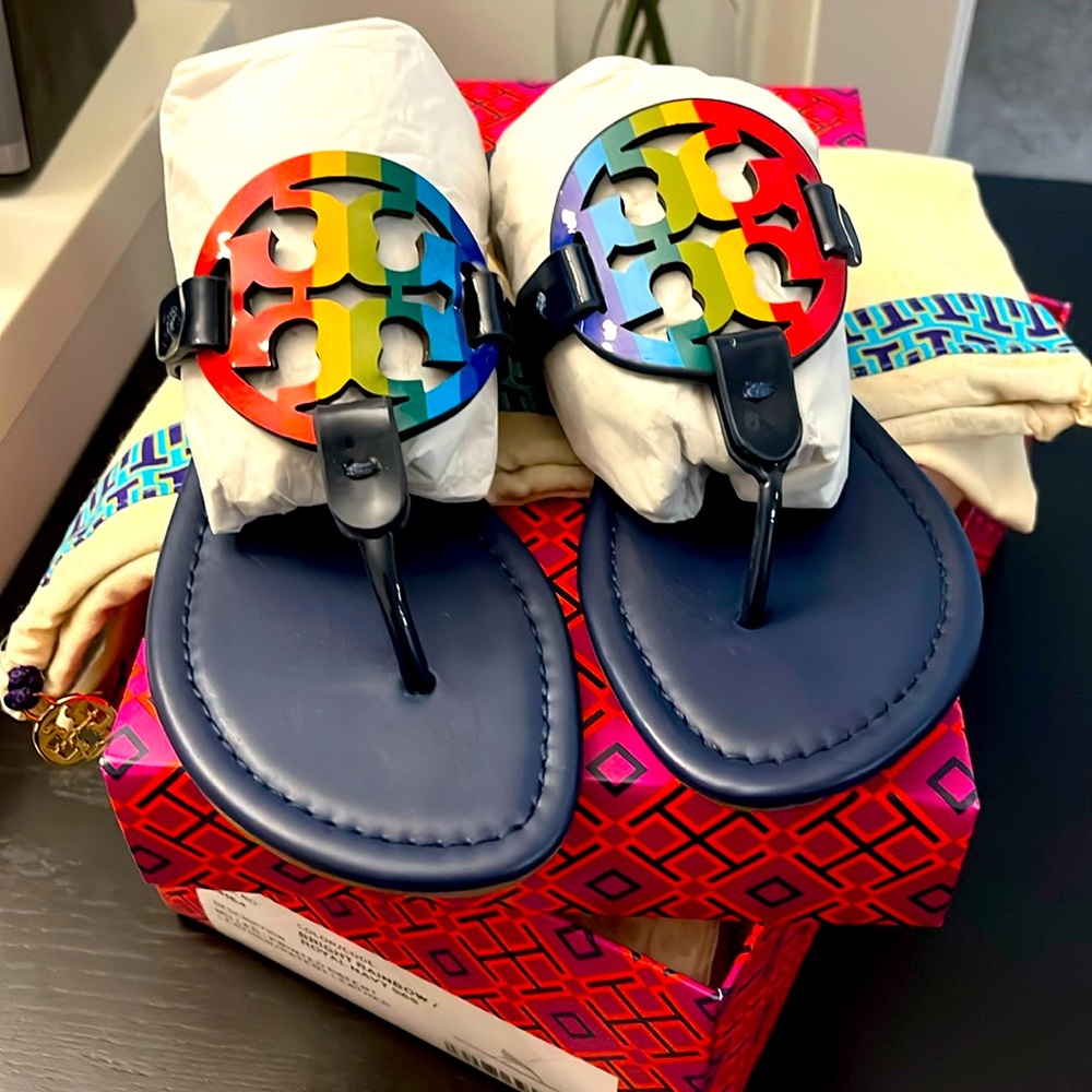 NIB: Tory Burch Miller Sandals, Patent Leather, Bright Rainbow & Royal Navy,5.5